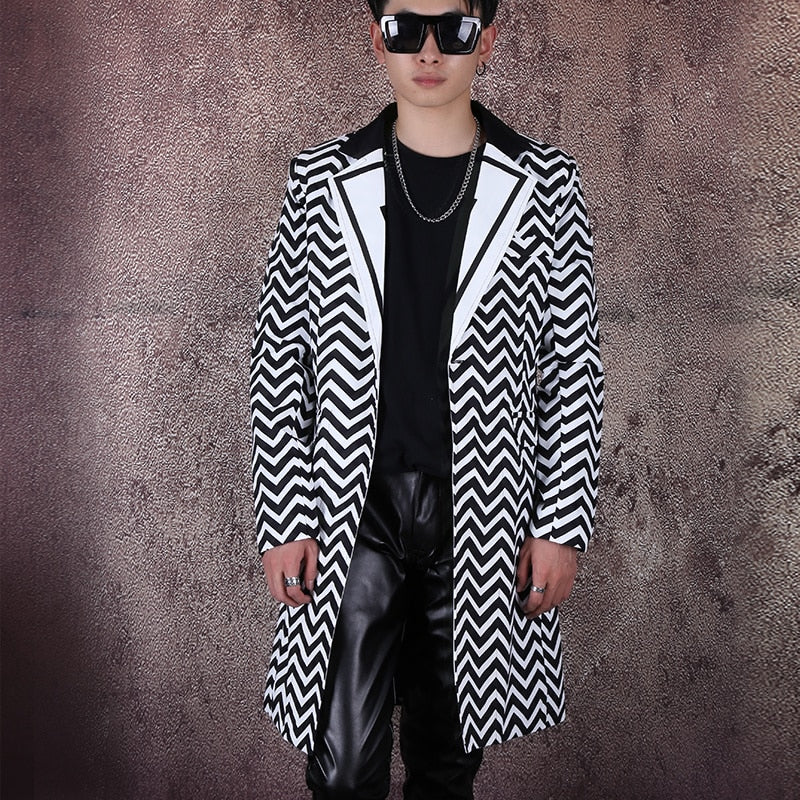 Printed Suit Stitching Mid-length Suit Style Coat Trendy Men Stylist Suit Long Jacket For Men Rear Middle Slit Long Men Jacket