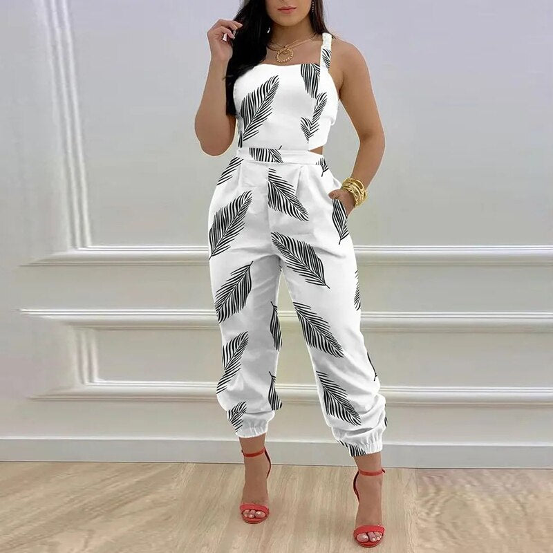 Retro Pattern Print Office Women Jumpsuits Summer Sexy Criss-cross Bow Party Romper Summer Sleeveless Pockets Suspender Overalls