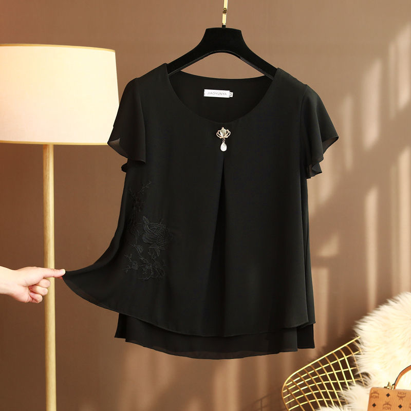 2022 New Summer Women Blouse Loose O-Neck Chiffon Shirt Embroidery Female Short Sleeve Tops Oversized Shirts Womens Blouses