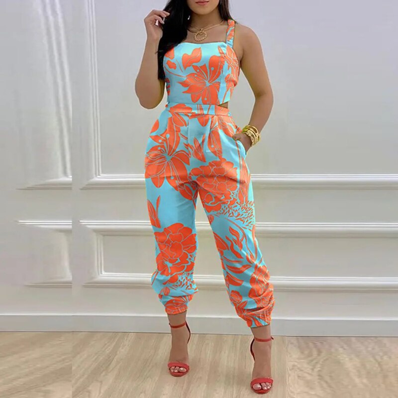 Retro Pattern Print Office Women Jumpsuits Summer Sexy Criss-cross Bow Party Romper Summer Sleeveless Pockets Suspender Overalls