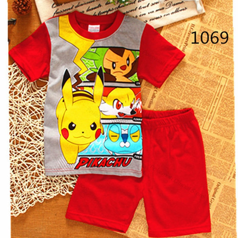 Pikachu Children&#39;s Pajamas Sets Children Boys and Girls Pokemon Cartoon Short Sleeve Pijamas Set Kids Sleepwear Home Clothes