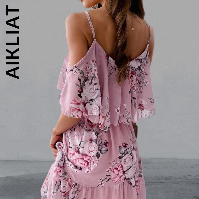 Aikliat Women Dress Fashion Sexy Off Shoulder Spaghetti Strap Floral Print Elegant Dress Simple Robe Elegant Vestidos Female