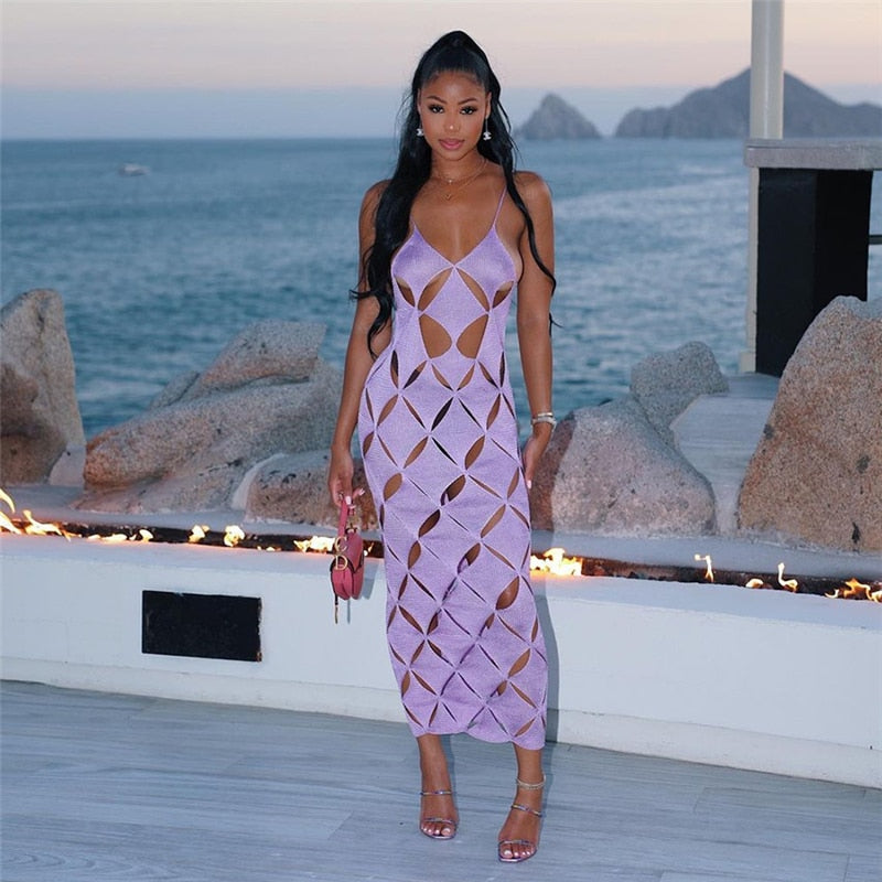 Spaghetti Strap Cut Out Long Dress Women Summer Sexy See Through Beach Party Dress Backless Bodycon Maxi Dress