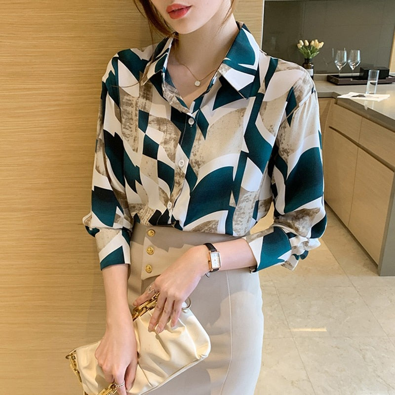 Office Lady Elegant Print Shirts New Arrival 2022 Spring Korean Style All-match Loose Women Long Sleeve Casual Tops Shirt W943