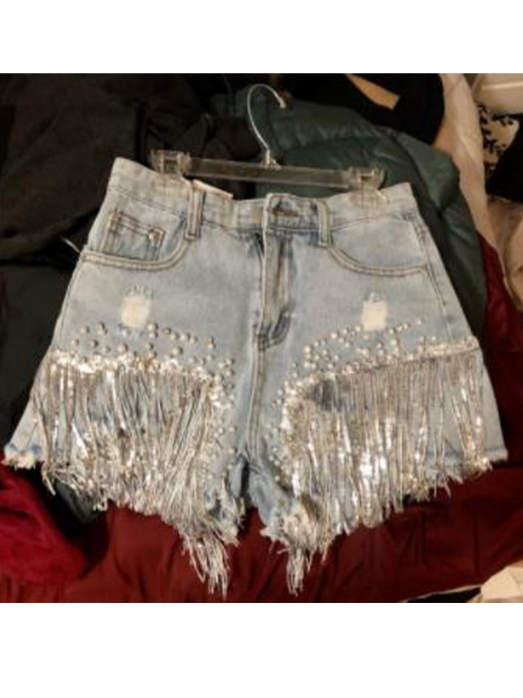 2021 Women Spring Summer New Elegant Shorts Lady Tassel Beading High Waist Wide Leg Denim Shorts Female Casual Solid Shorts