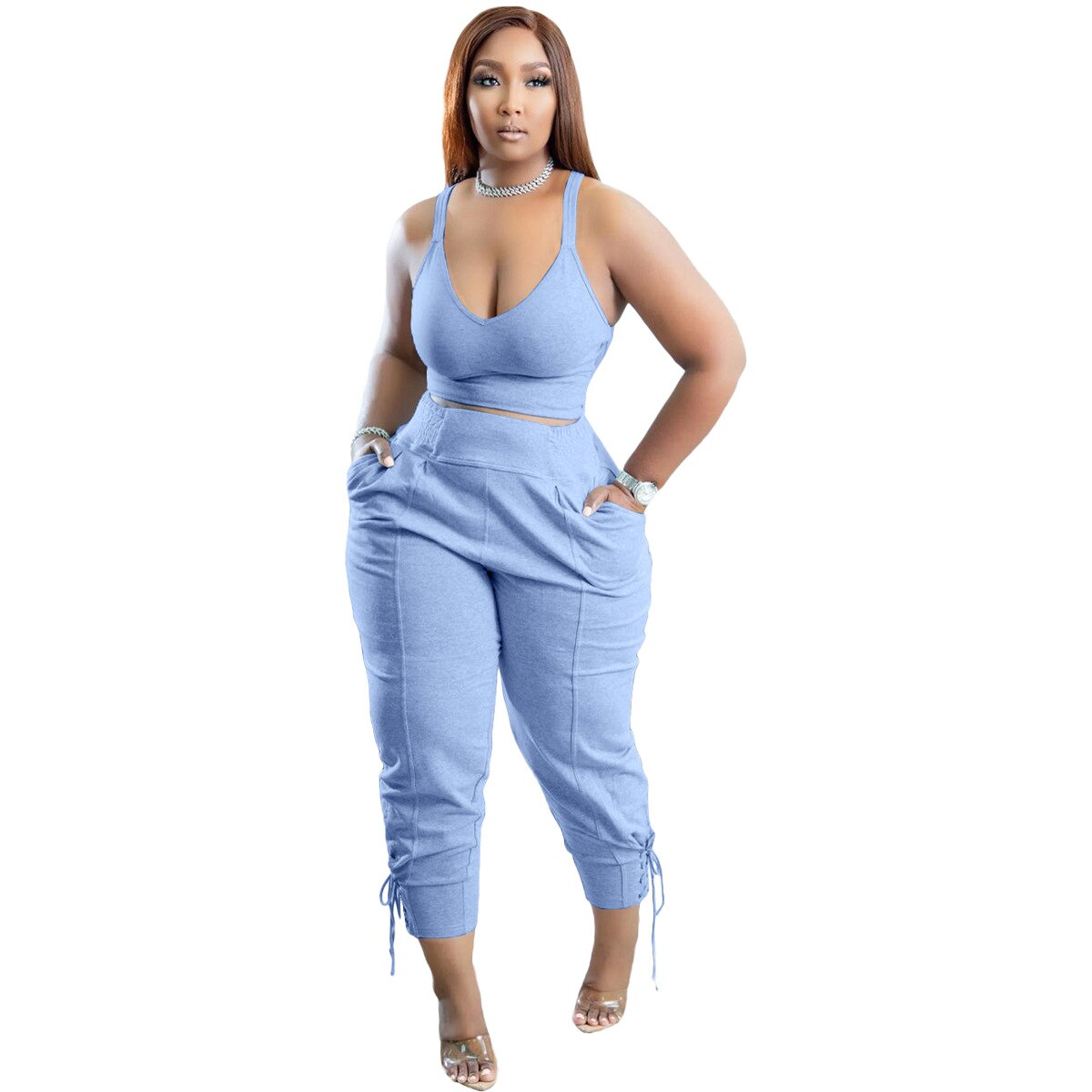 Summer Elegant Sporty Tracksuit Women Outfits Sleeveless Tank Sweatsuit+Drawstring Jogger Pants Fitness 2 Two Piece Matching Set