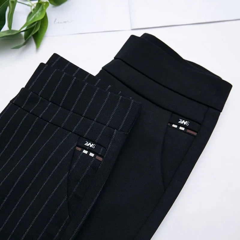 Spring Autumn Middle Aged Women Elastic Waist Casual Straight Pants Female Trousers Lady Stripe Pencil Pants Black Pants 5XL1833