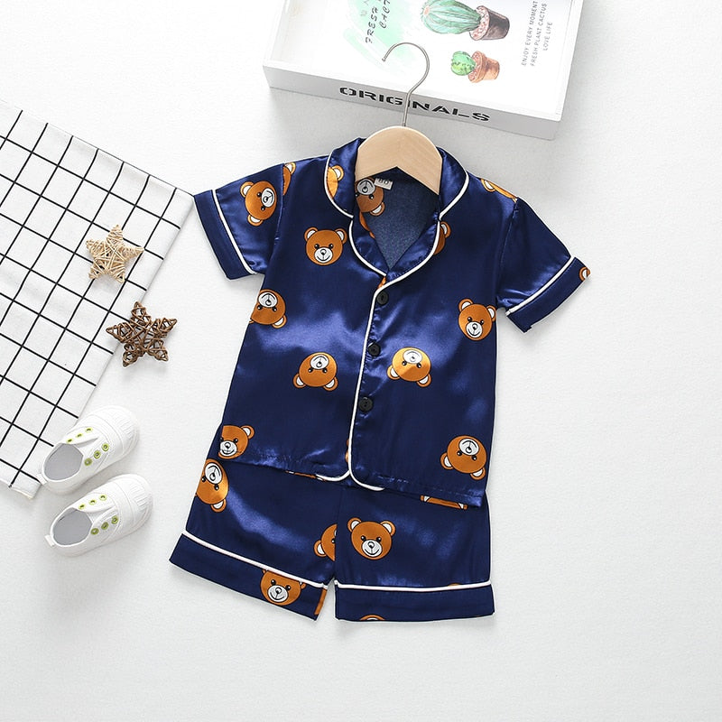 Girls Satin Silk Pajamas Set Kids Boy Cartoon Sleepwear Outfits Summer Toddler Short Sleeve+shorts Boy Leisure Wear Home Clothes