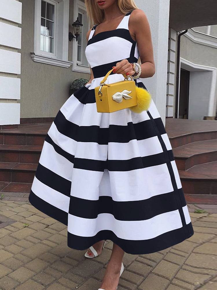 Women French Elegant Sleeveless Robe 2022 Summer Satin Maxi Dress ZANZEA Striped Print Tank Dresses Fahion Swing A Line Vestidos