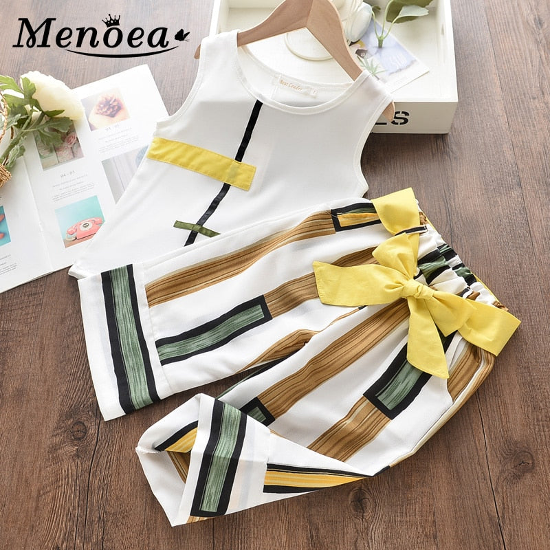 Menoea Girls Clothes Suits 2022 Summer Sleeveless Striped Tops Long Pants Clothing Sets For 3-7Y Kids Baby Girl Outfits Costumes