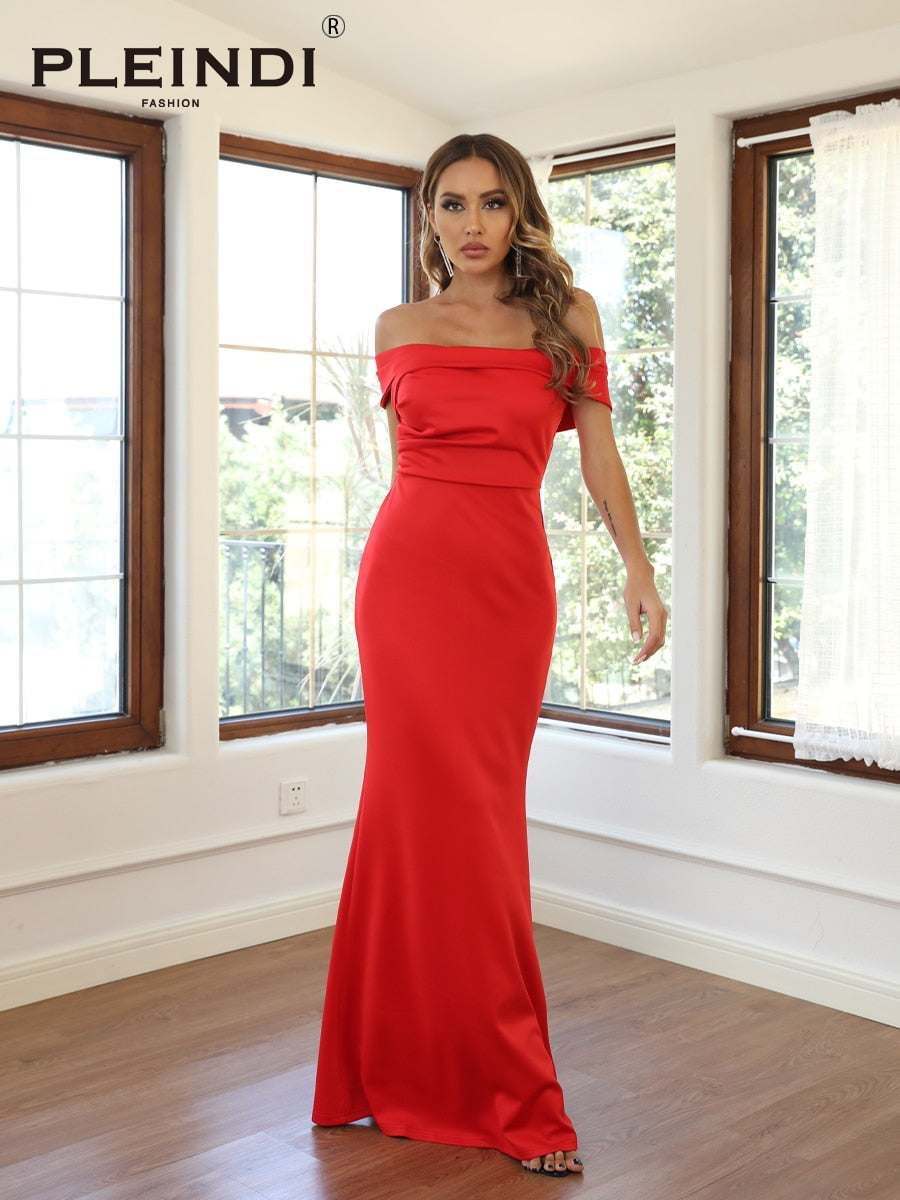 PLEINDI Luxury Evening Dresses Long Sleeve O-Neck 2022 New Elegant Corduroy Burgundy Red Prom Evening Dresses Party Dress Women