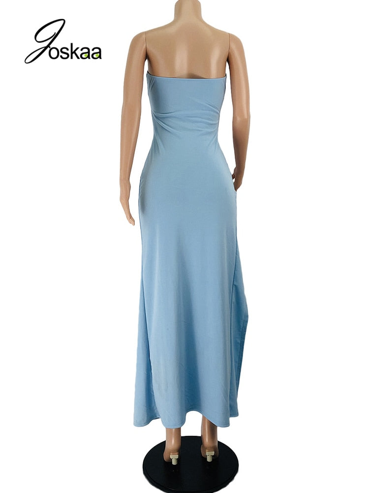 Joskaa Sky Blue Srapless Hollow Out Maxi Dresses for Women Party Clubwear 2022 Summer Sexy Backless High Slit Bodycon Dress