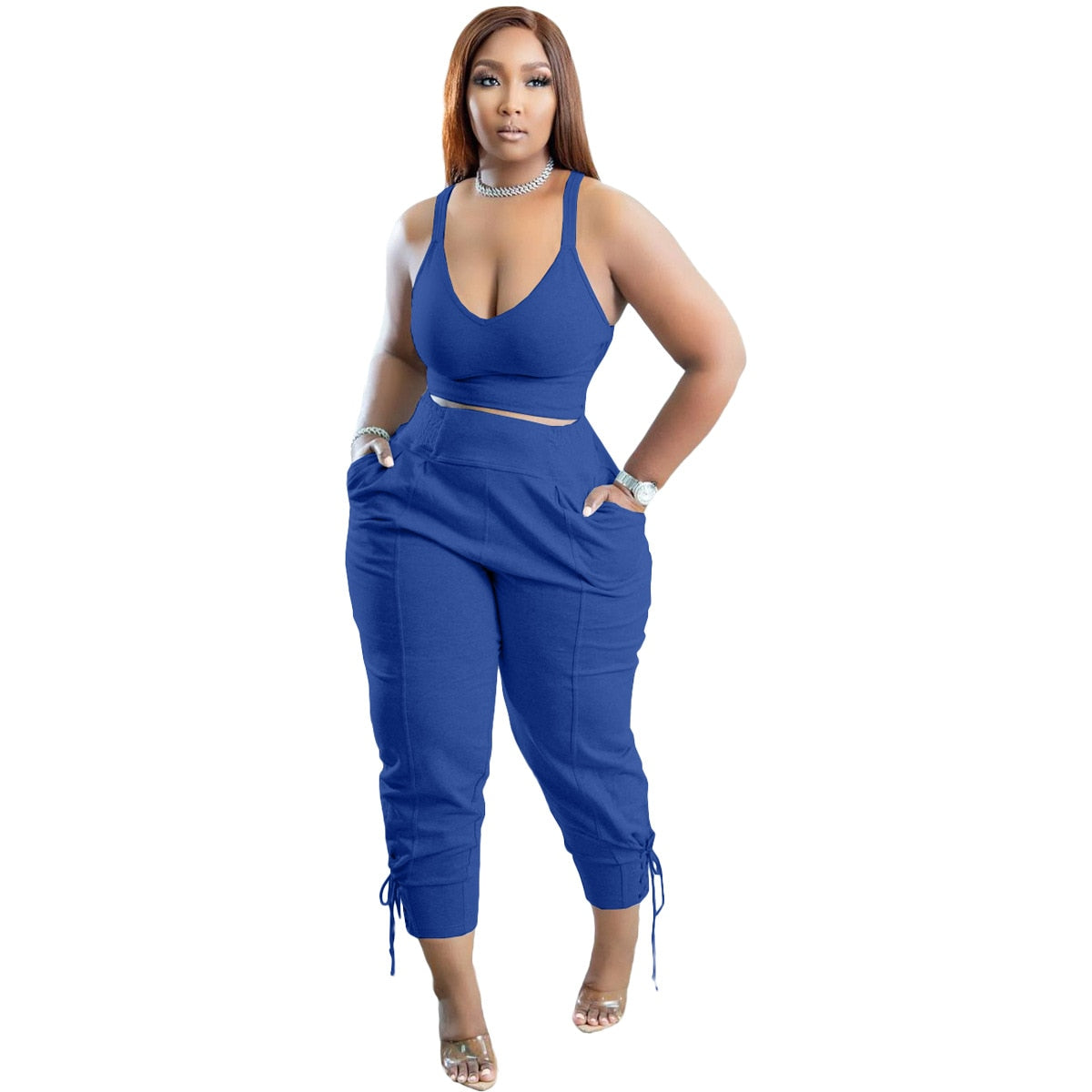 Summer Elegant Sporty Tracksuit Women Outfits Sleeveless Tank Sweatsuit+Drawstring Jogger Pants Fitness 2 Two Piece Matching Set