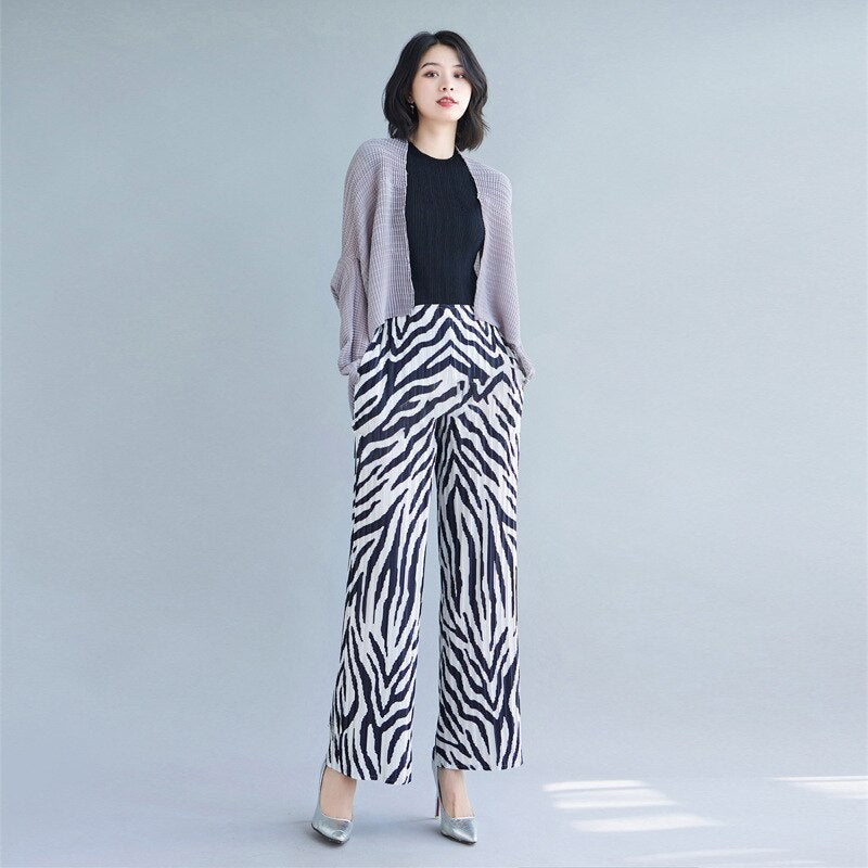 Miyake folds 2022 new spring all-match fashion temperament high waist leopard print wide leg ninth casual pants women