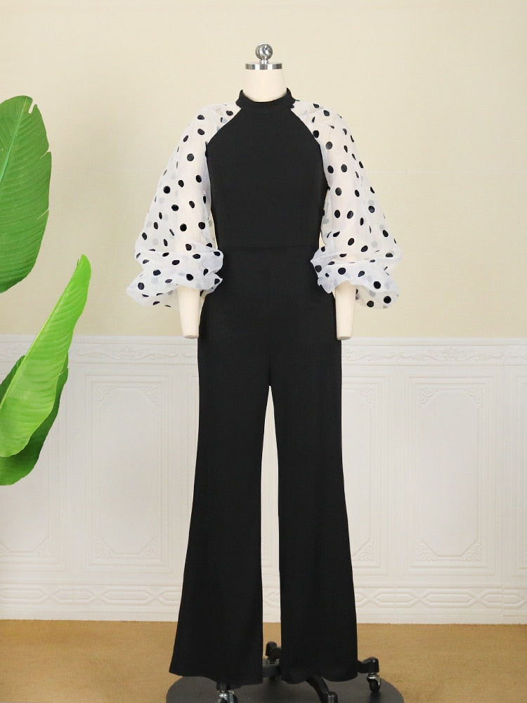 Women Black Jumpsuits Patchwork Sleeves Polka Dot See Through High Waist Slim Elegant Office Ladies One Piece Fashion Bodysuit