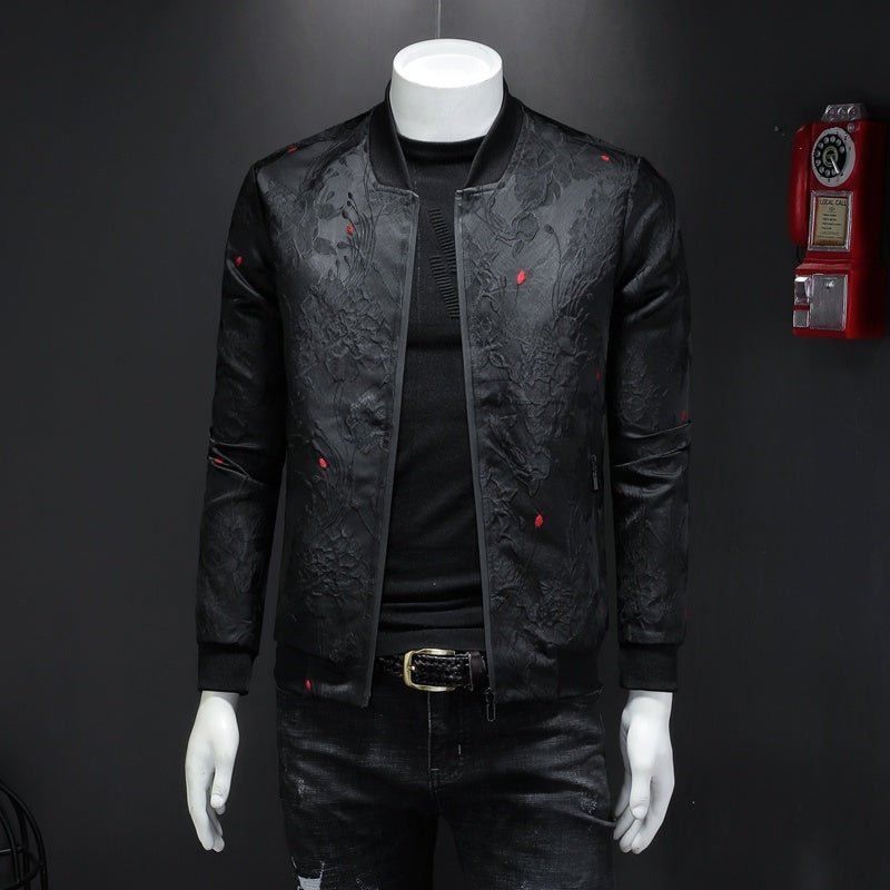 Spring Autumn Men Casual Jacket Coat Flower Slim Fit Pattern Bomber Jacket Men 4xl Puff Jacquard Black Bomber Jacket Men