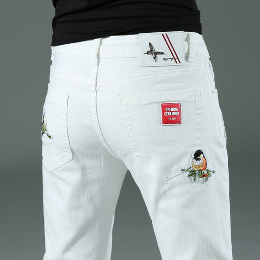 Spring summer New Men&#39;s thin slim White jeans Stretch Embroidery decoration Denim men fashion trousers male Brand Pants chinos