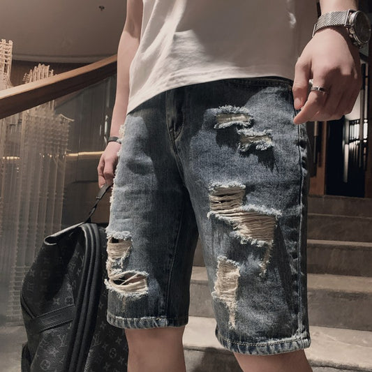 Summer New Ripped Men Shorts Trendy Casual Straight Hole Five-point Pants Hip Hop Beggar Loose Male Denim Shorts