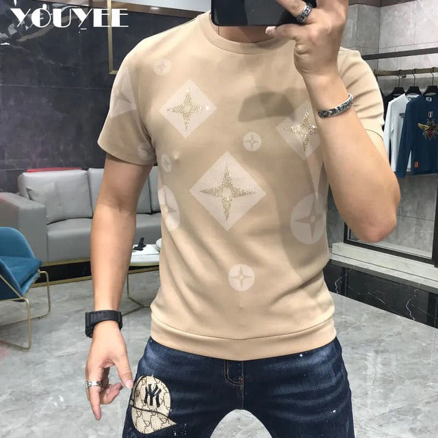 T-Shirt Men Rhinestone Pink Shirt Large Size 4XL New 2022 Summer Personalized Trend High Quality Short Sleeve Tees Male Top