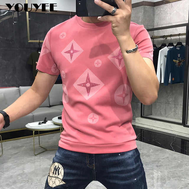 T-Shirt Men Rhinestone Pink Shirt Large Size 4XL New 2022 Summer Personalized Trend High Quality Short Sleeve Tees Male Top