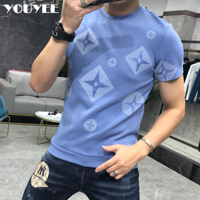T-Shirt Men Rhinestone Pink Shirt Large Size 4XL New 2022 Summer Personalized Trend High Quality Short Sleeve Tees Male Top