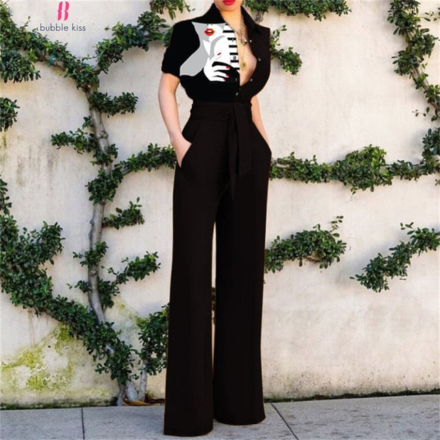 BubbleKiss Summer Fashion Jumpsuits Women Elegance Overalls Jumpsuit Femme Bodysuit Solid Short Sleeve Art Print Office Lady