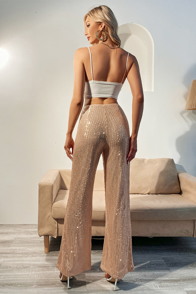 Elegant Lady Glitter High Waist Wide Leg Sequin Pants