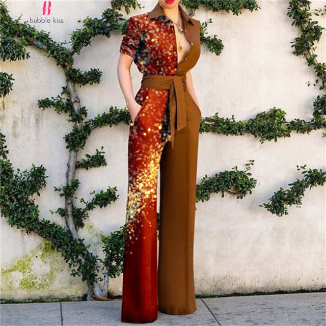 BubbleKiss Summer Fashion Jumpsuits Women Elegance Overalls Jumpsuit Femme Bodysuit Solid Short Sleeve Art Print Office Lady