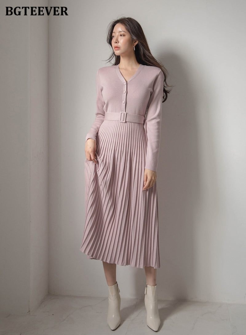 Knitted Belted A-line Winter Dress - aeronna-clothing