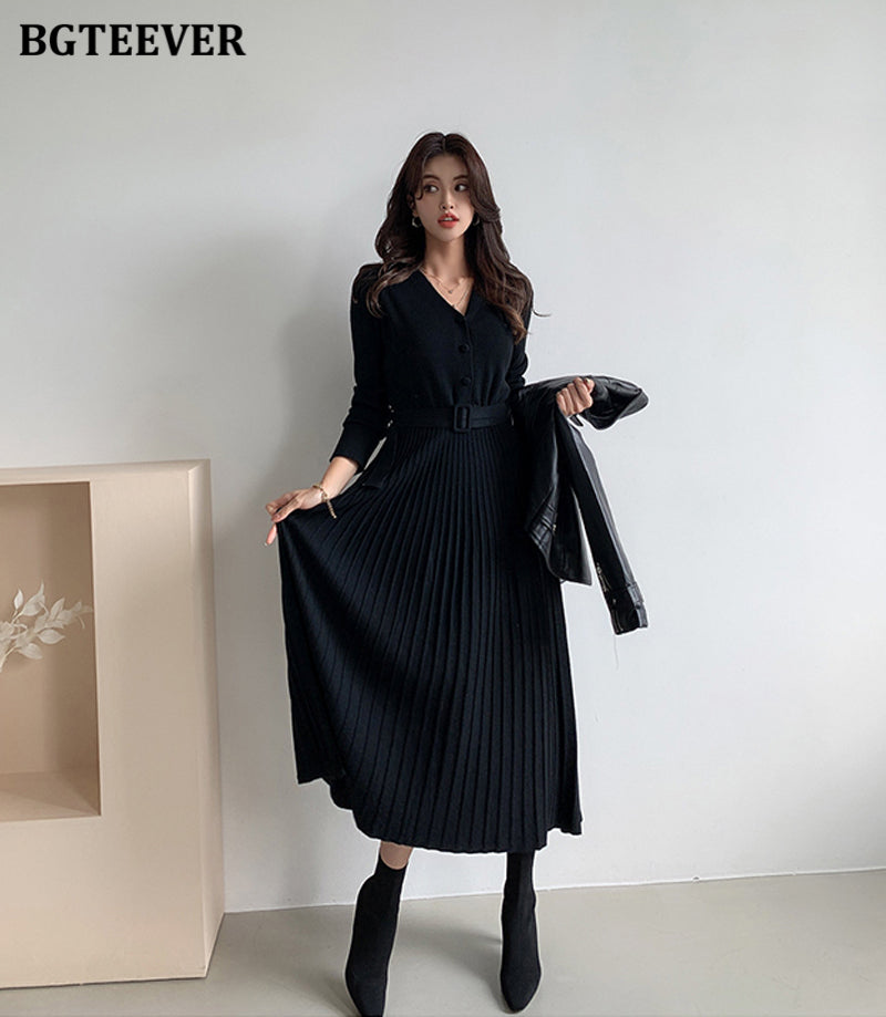 Knitted Belted A-line Winter Dress - aeronna-clothing