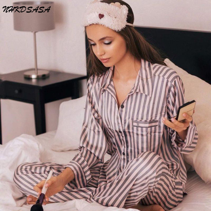 Satin Silk Striped Loungewear - aeronna-clothing