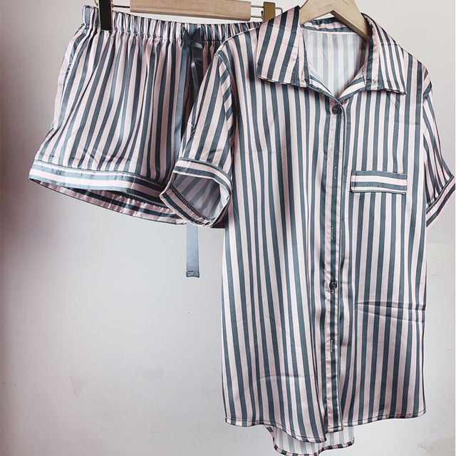 Satin Silk Striped Loungewear - aeronna-clothing