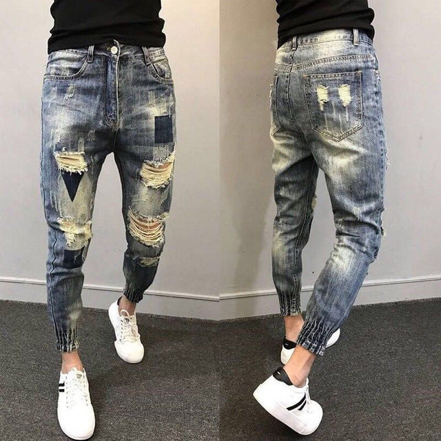 wholesale 2021 fashion Social spirit guy broken hole pants trend beam feet teenagers harem pants jeans men&#39;s slim feet pants